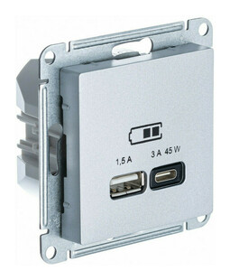Розетка USB+USB type C Systeme Electric ATLASDESIGN, скрытый монтаж, алюминий, ATN000329